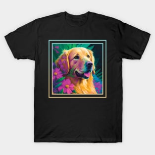 Happy Golden Retriever Floral Tropical Digital Oil Painting Portrait T-Shirt